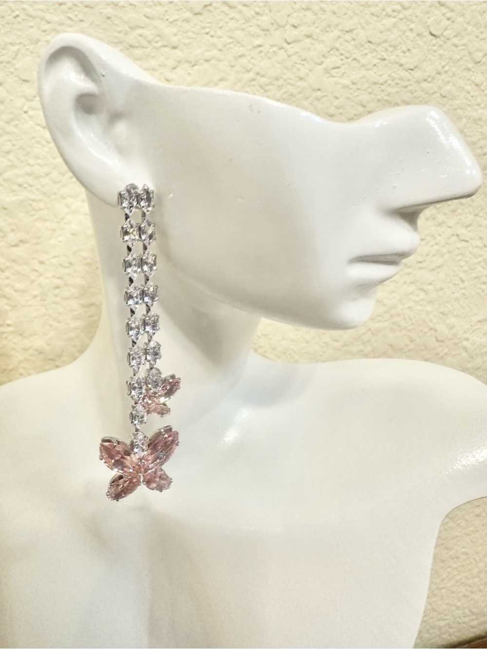 Fashion Jewelry Silver-Tone Crystal Drop Earrings with Pink Butterfly Accents